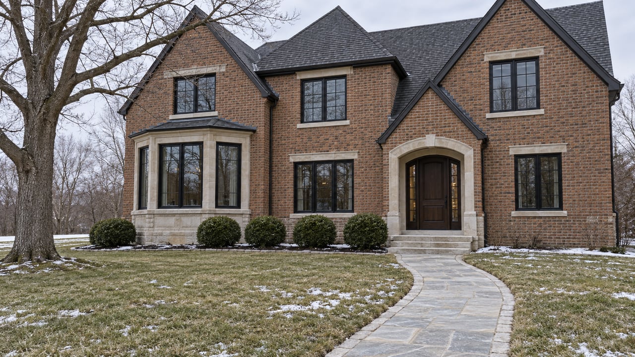 Substantial brick home with limestone entry, black-framed bay windows, and a deep winter lawn beside a leafless white oak.