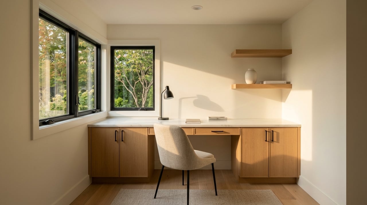 Compact home office nook with oak built-ins, quartz desk, and black-framed window catching warm sidelight.