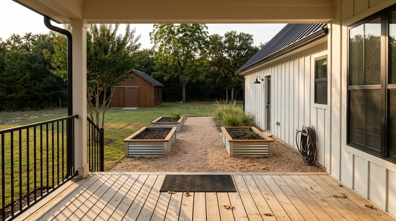 Porch threshold opening onto a garden, with an outbuilding and tree line beyond.