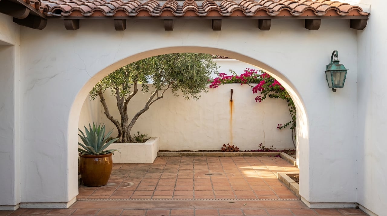 Stucco arch frames a courtyard with terra-cotta pavers, an olive tree, agave pot, and red bougainvillea.