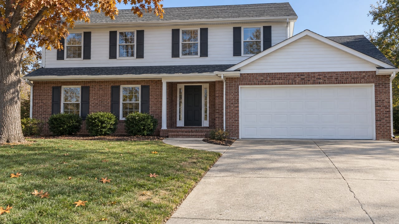 Red-brick and white-sided two-story home with a double garage, broad concrete driveway, and mature oak in autumn.