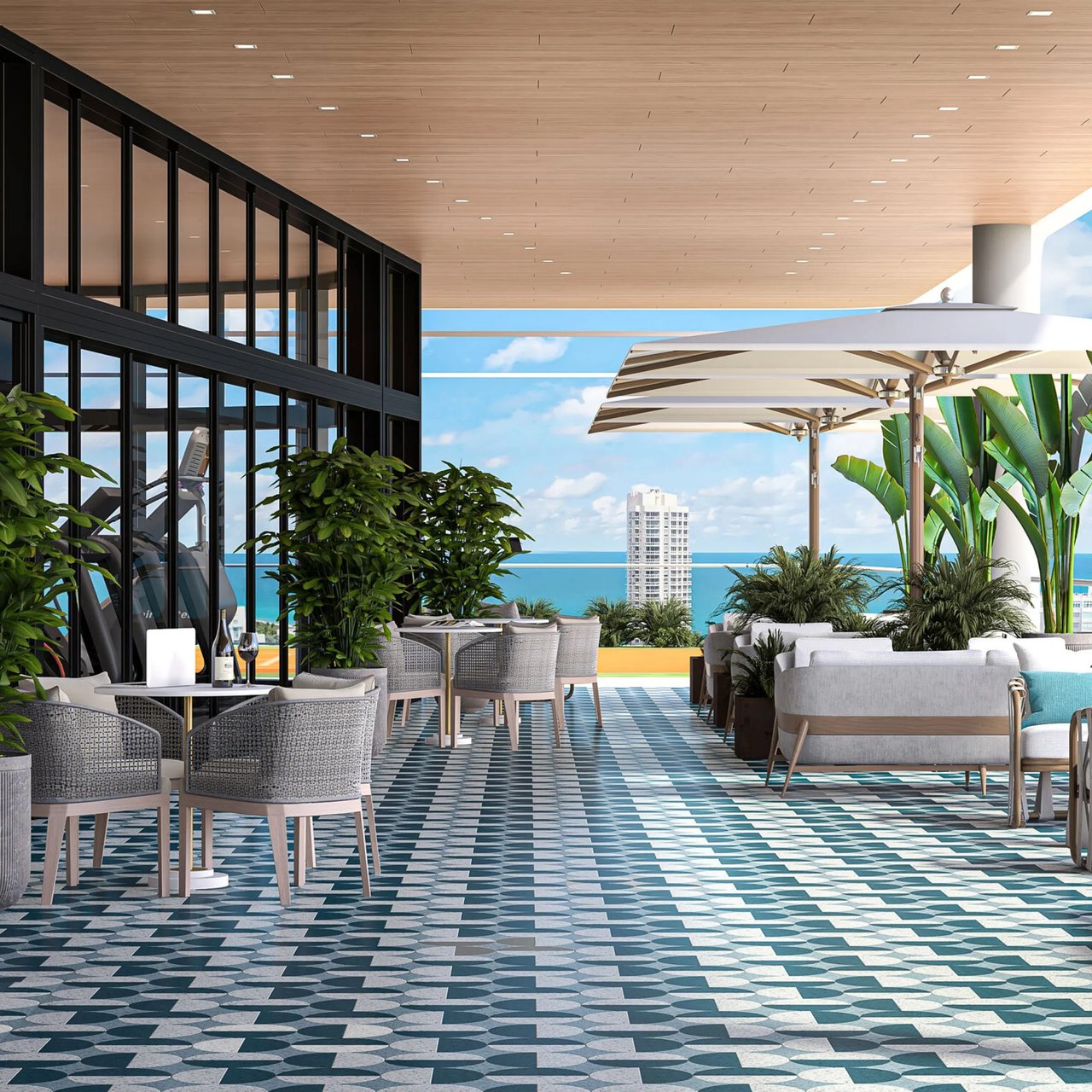 Rendering of the covered rooftop terrace at Ella Miami Beach.