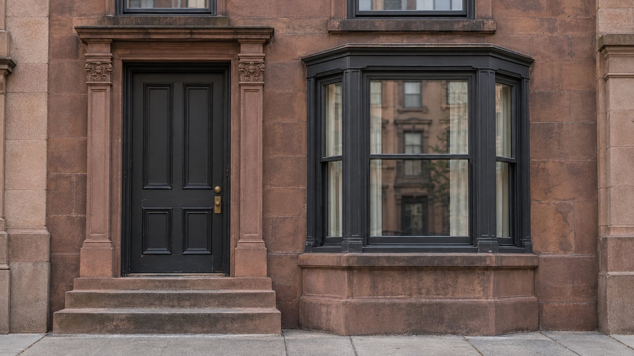 Brownstone facade with a dark timber door, glazed bay window, and three worn stone steps.