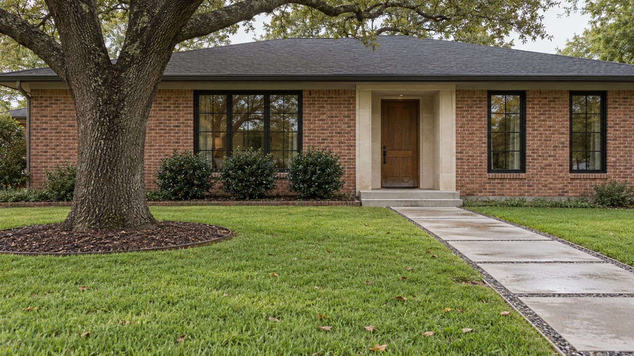 Updated single-story red-brick home with black-framed windows, a limestone entry and a mature spreading live oak across a deep green front lawn.