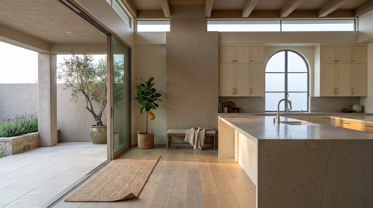Open-plan kitchen with stone island, arched window, and glass doors overlooking an olive-planted loggia.