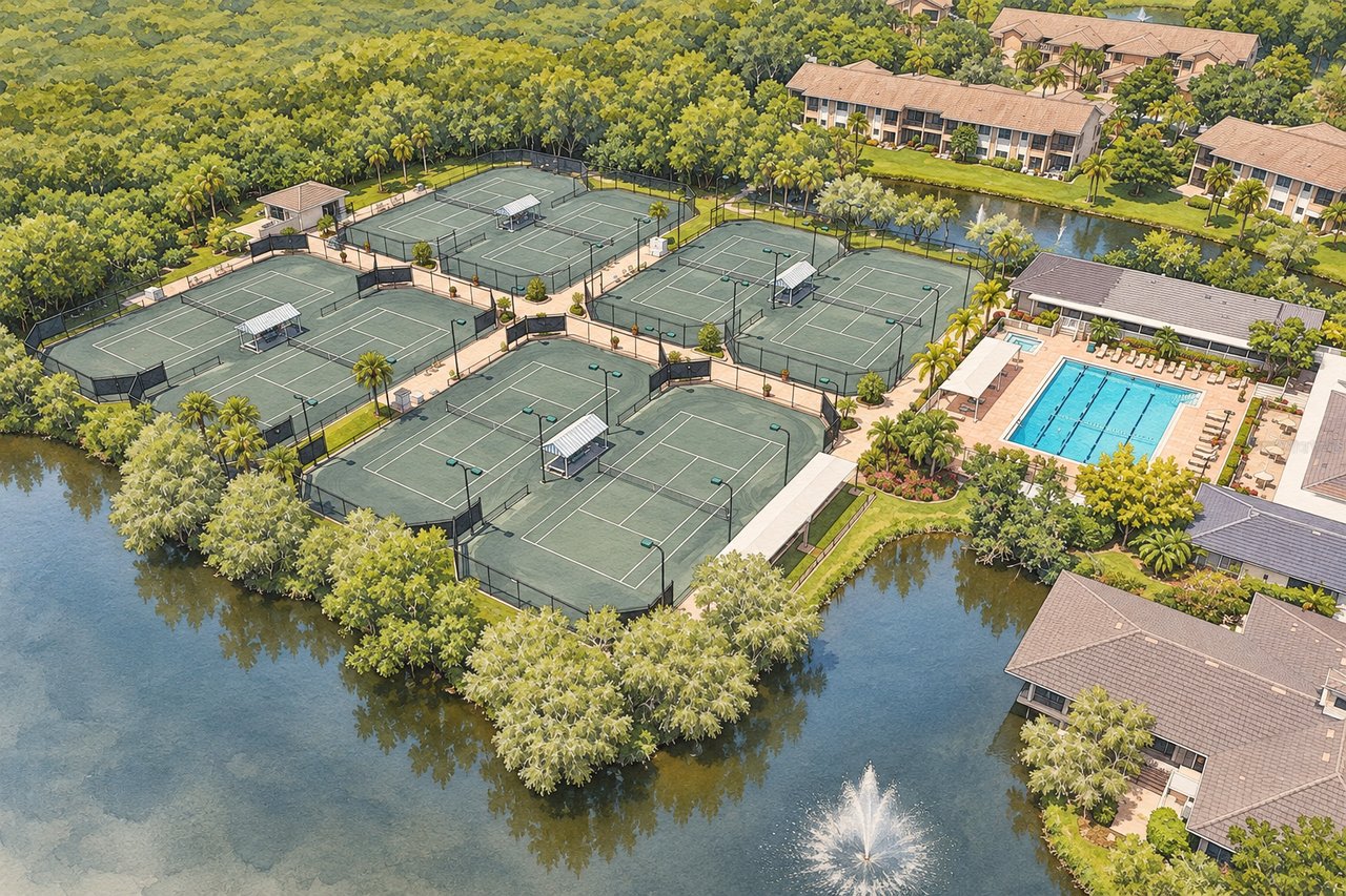 Waterfront community with several tennis courts, a swimming pool, and homes amid tropical landscaping.