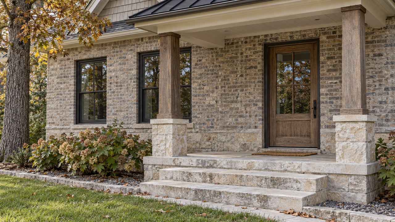 Brick house entry with a glazed oak door, limestone steps, porch posts, and bronze-leaved oak at left.