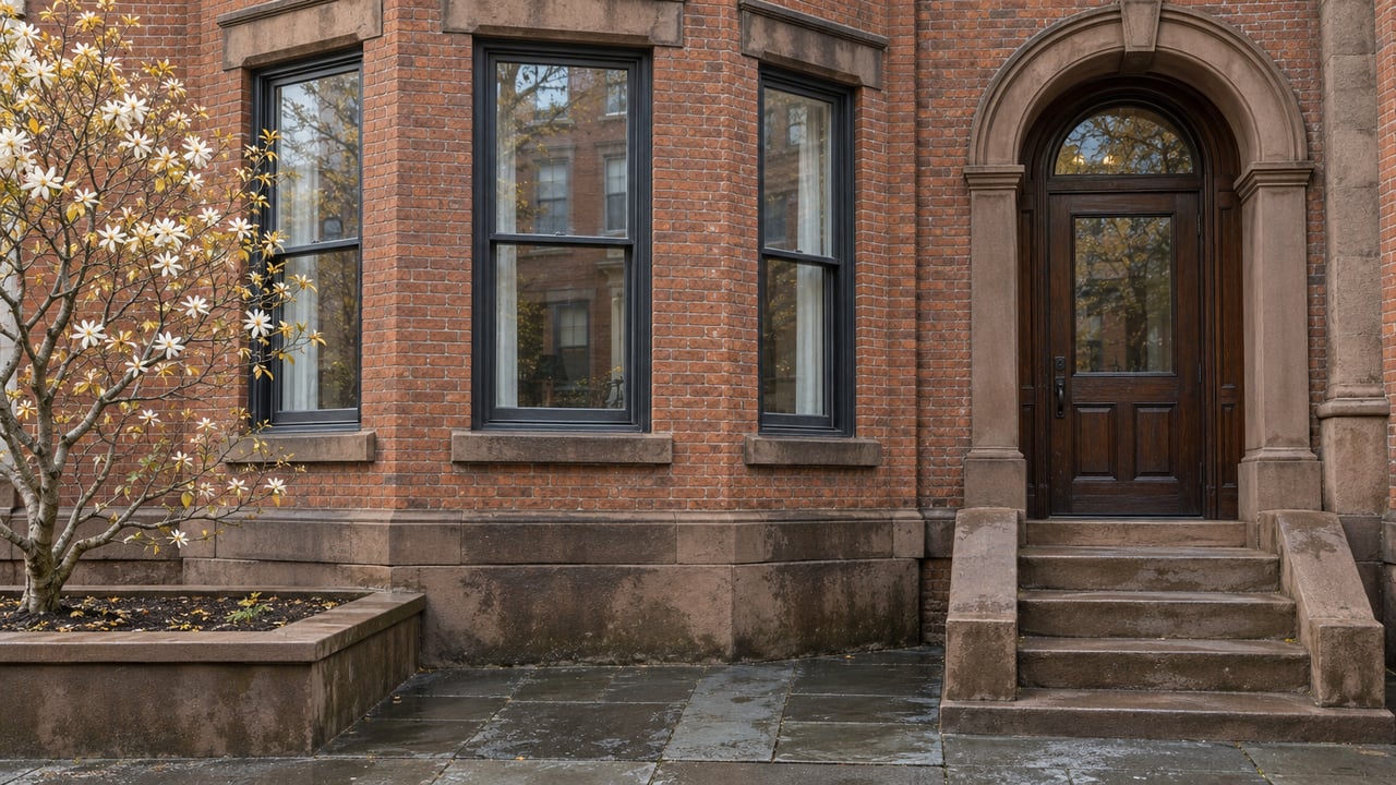 Warm brick townhouse bay with tall dark sash windows, carved brownstone surrounds and a recessed arched entry beside damp slate paving.