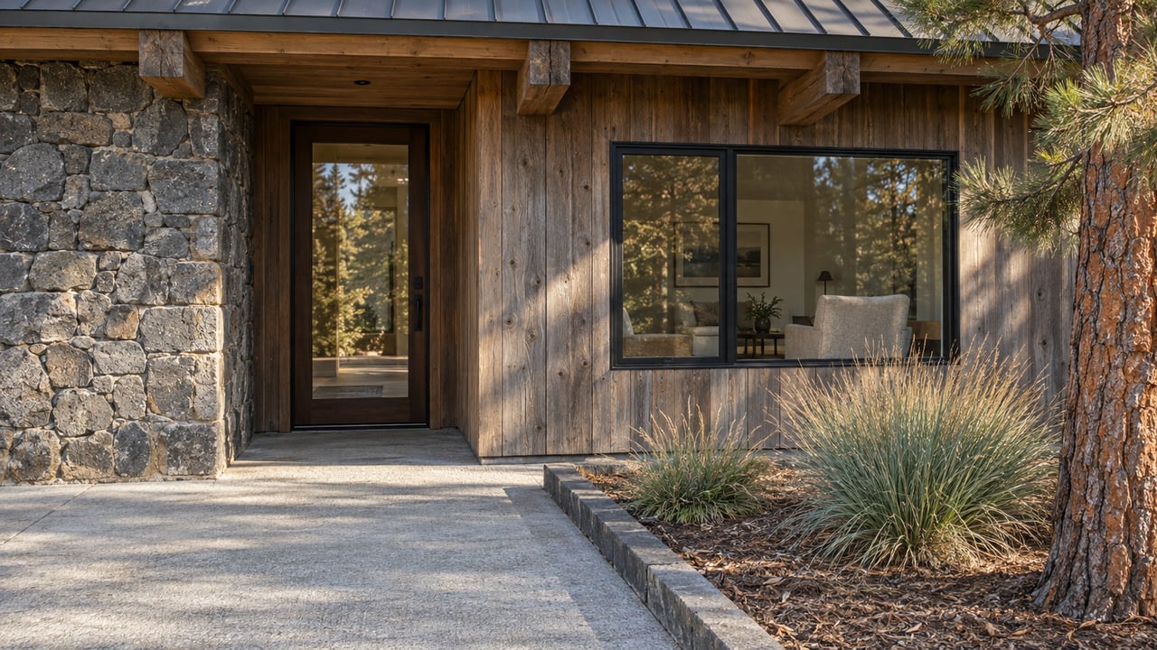 Sunlit cedar home entrance with a glazed timber door, volcanic stone pier, concrete approach and ponderosa pine.