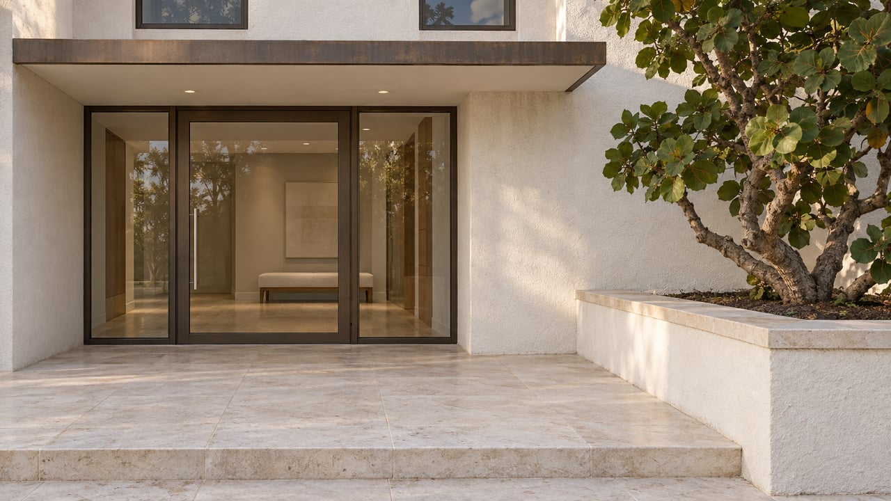 Sunlit limestone approach to a contemporary condominium entrance, with bronze-framed glass, warm-white stucco and a sculptural sea grape tree.