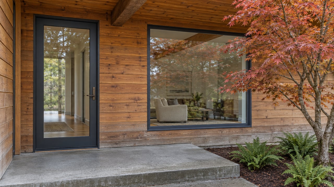 Covered cedar entry with a glazed door, broad living-room window, concrete step and red-leaved vine maple beside sword ferns.