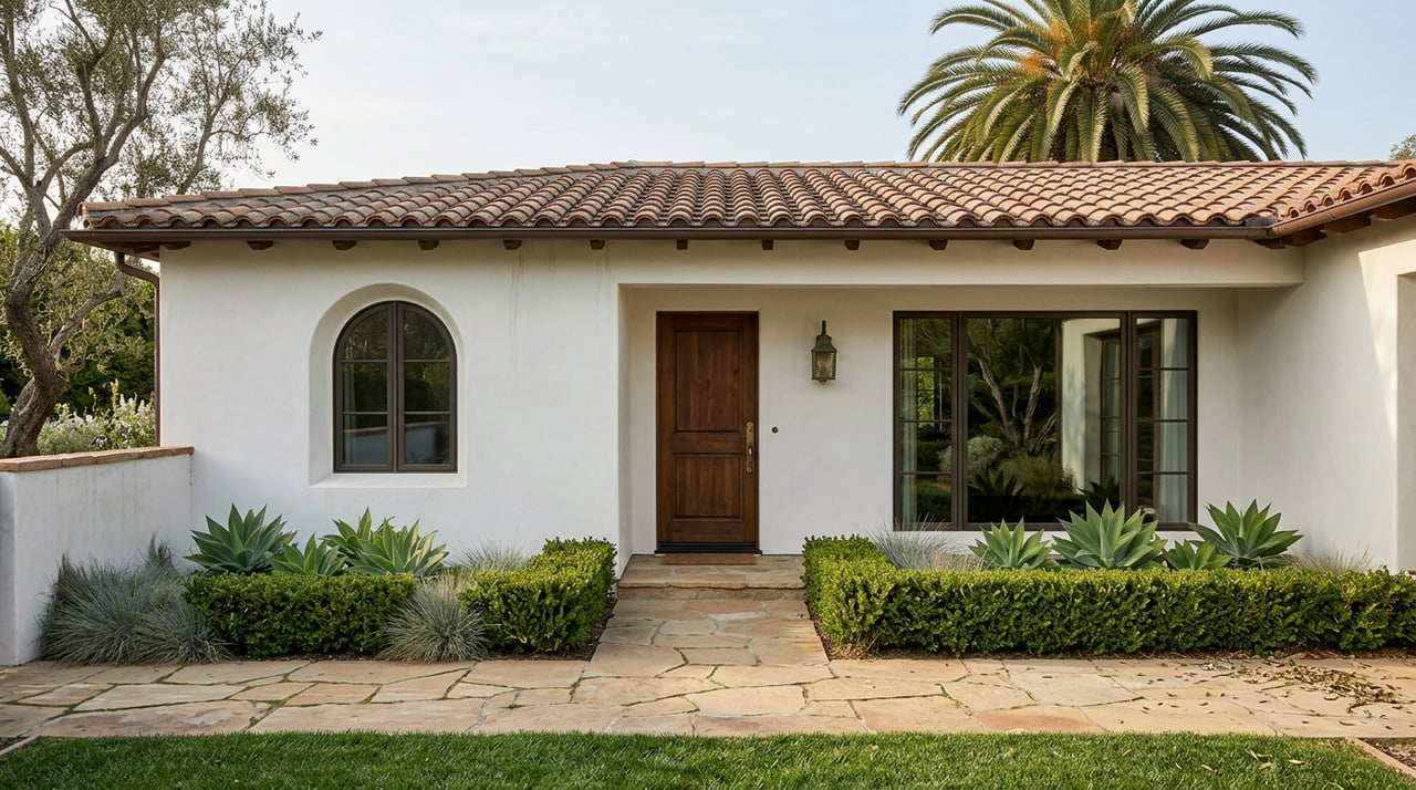 Spanish-revival home with a recessed arched entry, terracotta roof, flagstone path, palm, and olive tree.