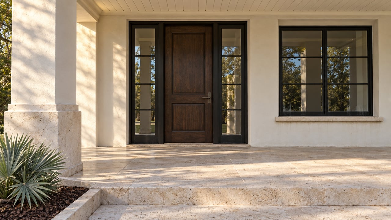 Ivory stucco estate entry with dark oak door, black-framed glazing and a sunlit limestone porch.