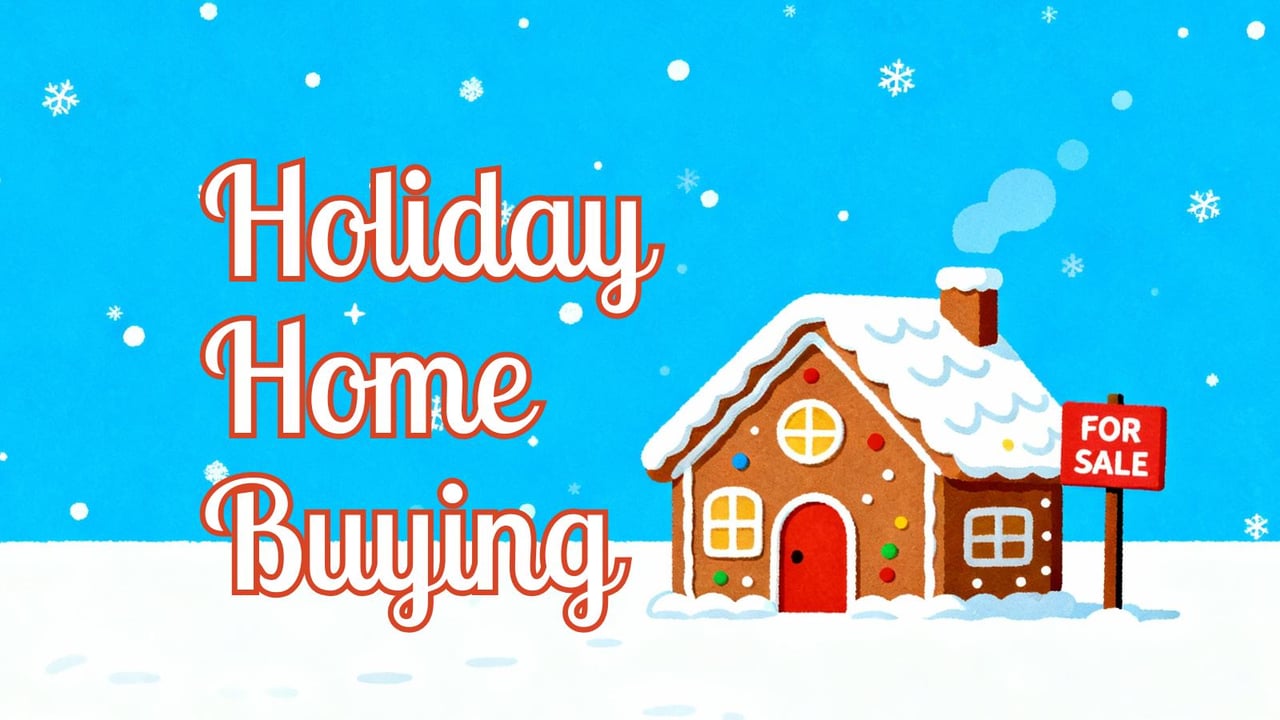 Cute image of a gingerbread house with a for sale sign representing buying a home during the holiday winter season before 2026 market competition heats up.