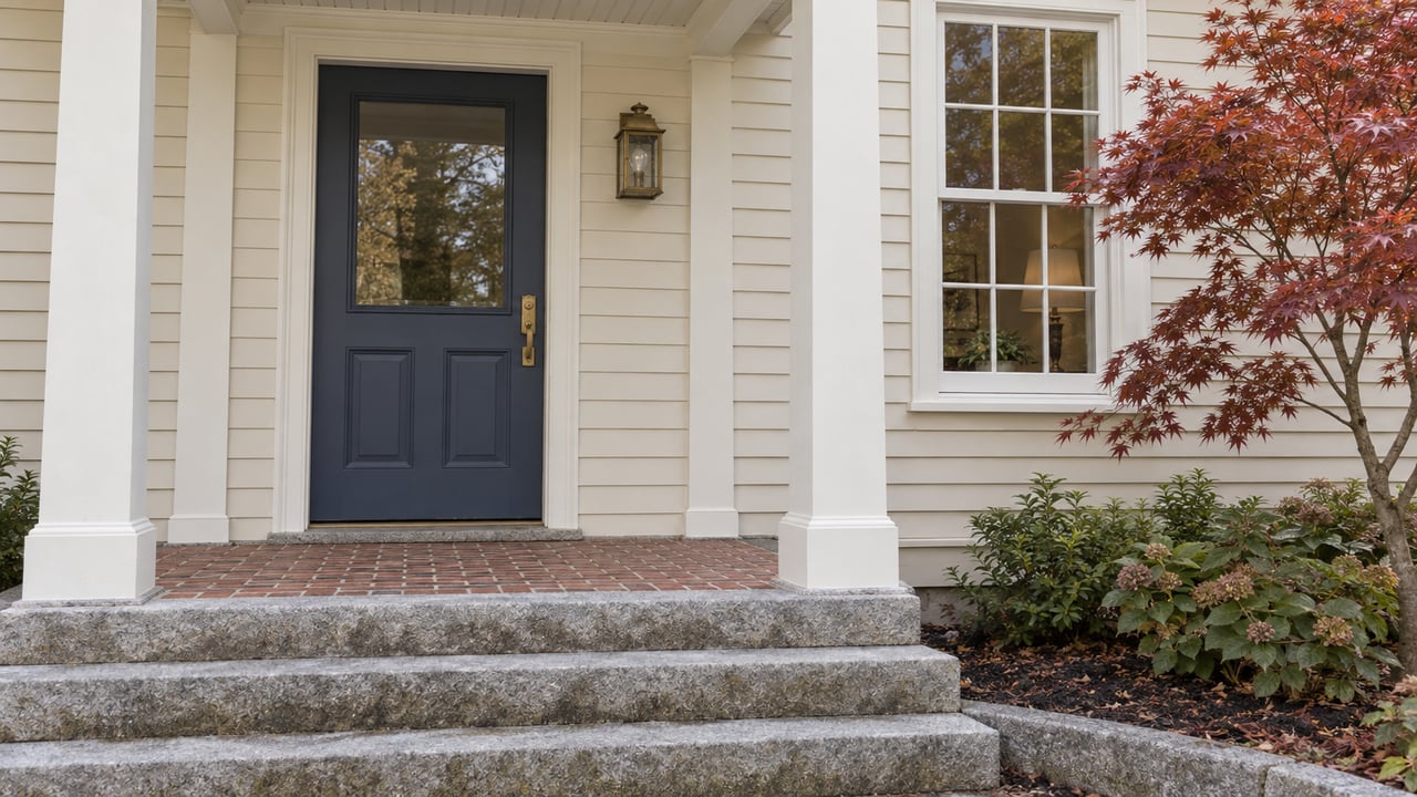 Traditional ivory clapboard home entrance with a blue-gray door, granite steps, brick landing and a red-leaved Japanese maple.