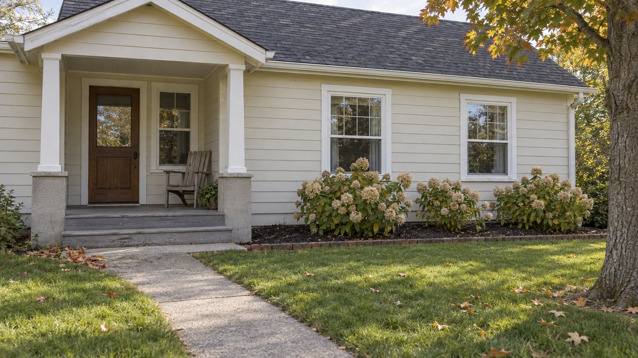 Cream-sided cottage with a covered porch, white windows, a concrete approach across the lawn, and early autumn foliage.