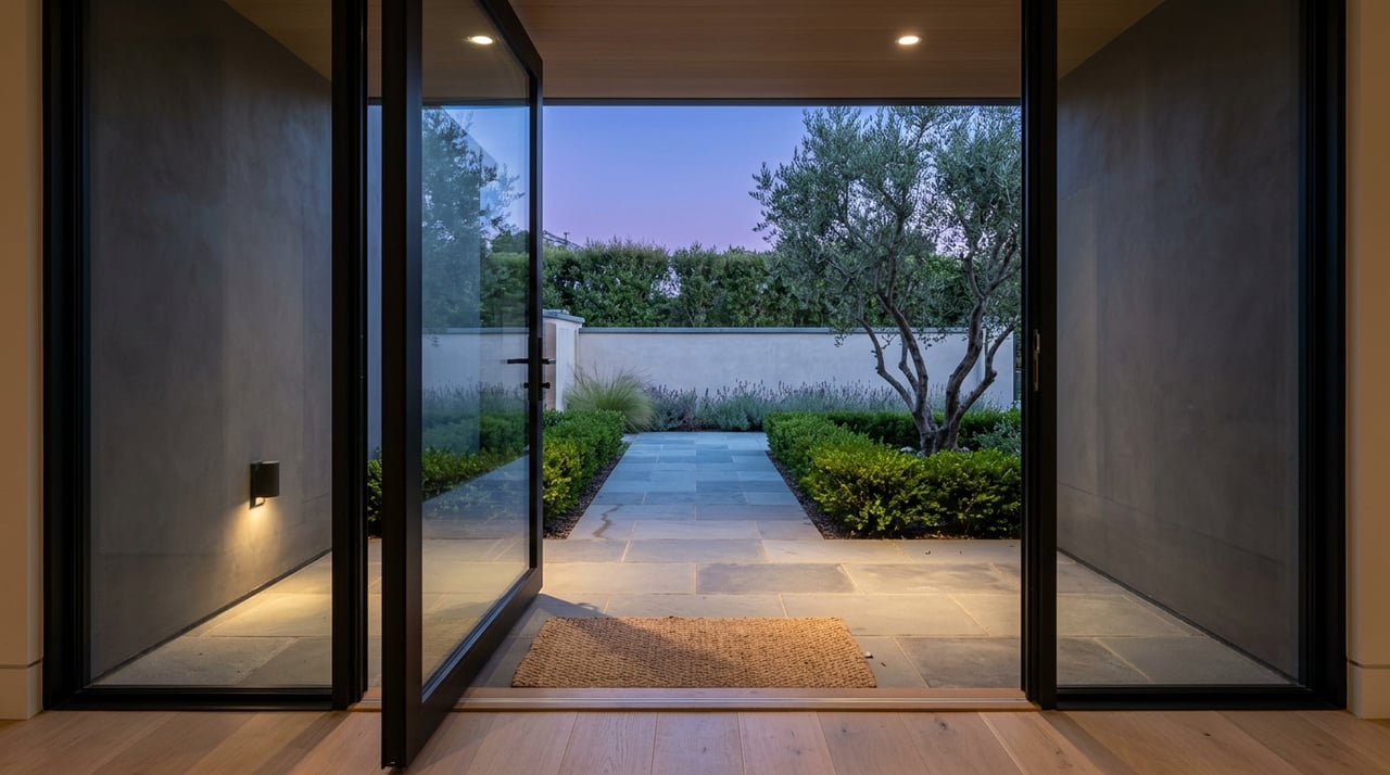 Open glass doorway frames a bluestone path between clipped hedges at dusk, with warm light spilling onto the pavers.