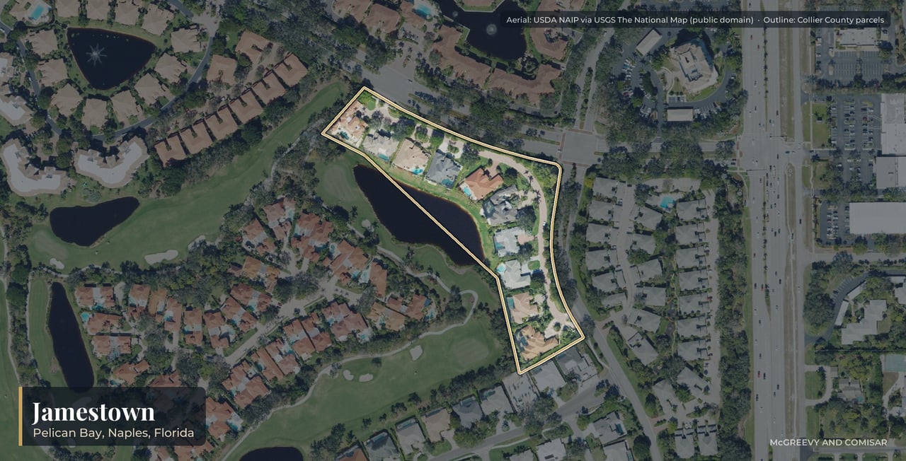 Aerial view of Jamestown at Pelican Bay, Naples, Florida, with its parcels outlined