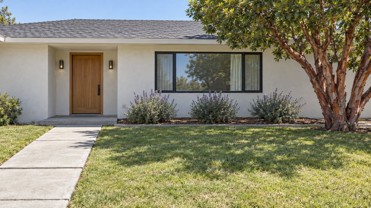 Updated single-story stucco house with a recessed oak entry, black-framed window, deep front lawn and sculptural strawberry tree.
