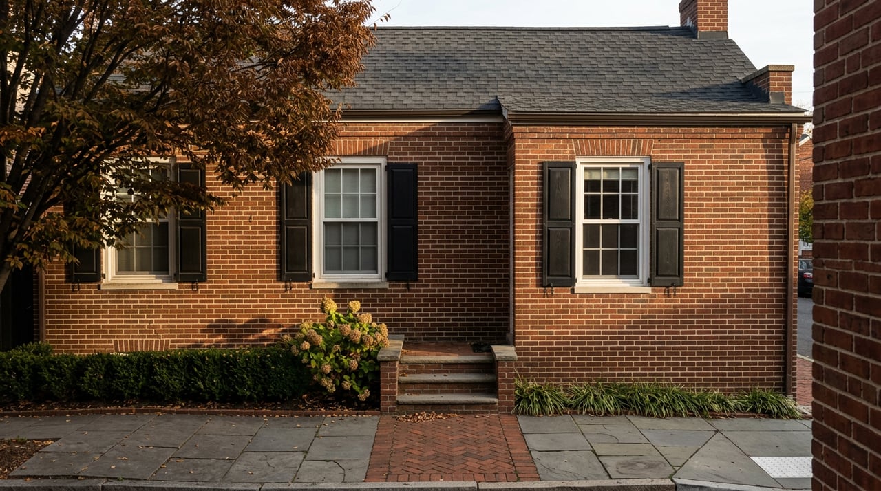 Brick rowhouse with white-trimmed windows, a raised stoop, and bronze-russet tree branches shading the facade.