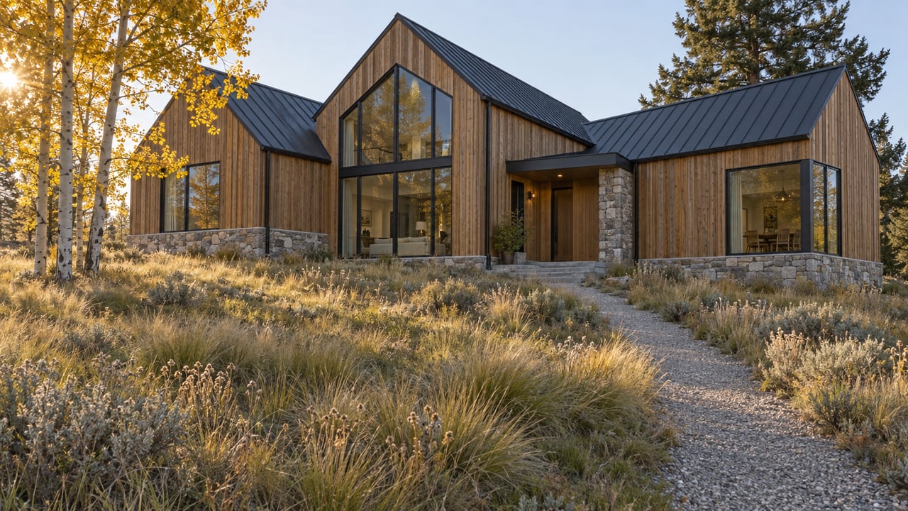 Cedar-and-stone home with staggered gables beyond a meadow path, flanked by yellow aspens.