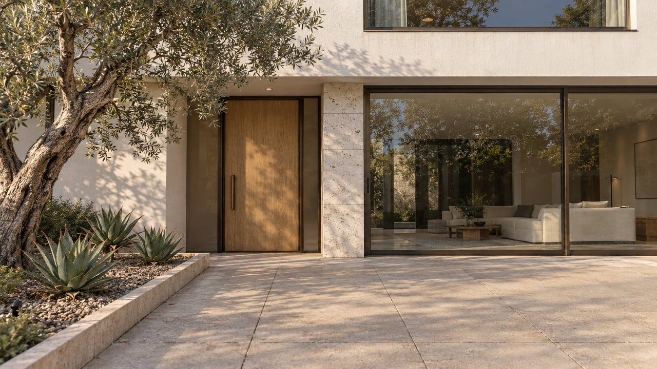 Contemporary home entrance with warm stucco, limestone, an oak door, and an olive tree beside a paved courtyard.