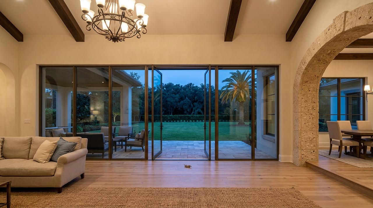 Great room with a coquina stone arch, wood-beamed ceiling, and glass doors overlooking a lawn at dusk.