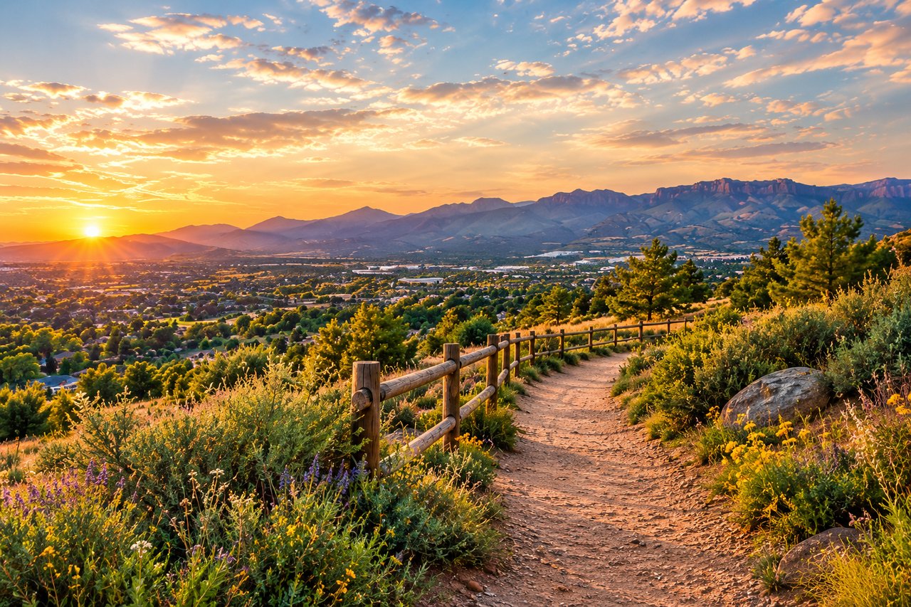 Foothill trail overlooks a Colorado town and mountain range beneath a glowing sunset.