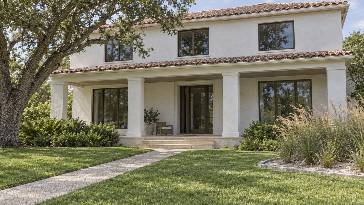 White stucco home with a terracotta roof, shaded entry veranda, deep front lawn, live oak, and sea oats.
