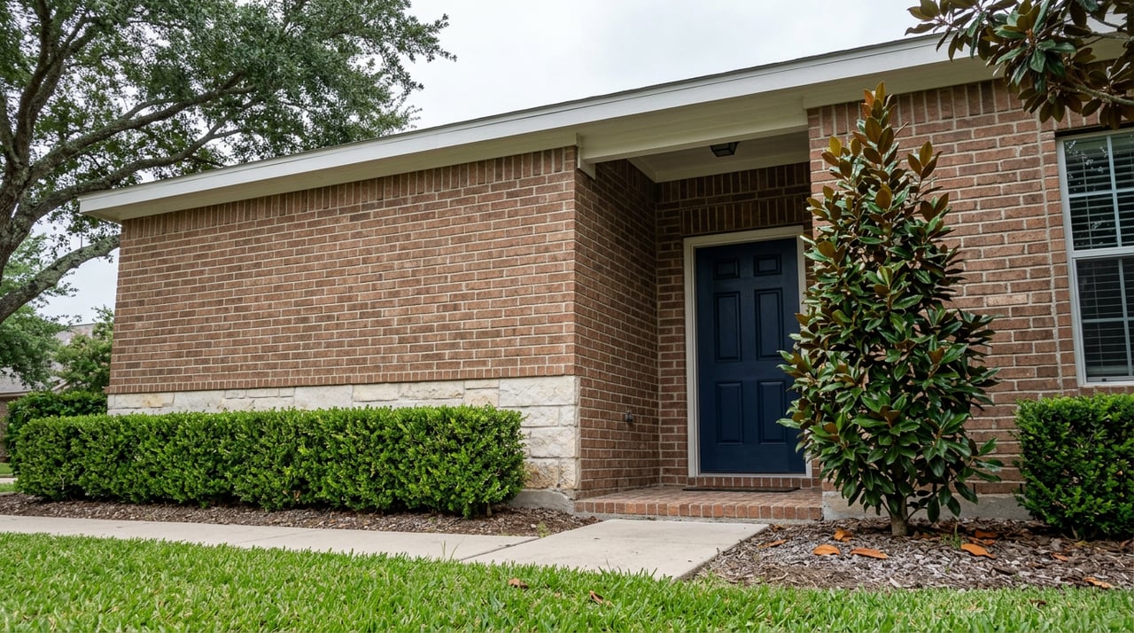 Brick house entry with a navy paneled door, pale stone foundation, clipped hedge, and magnolia tree.
