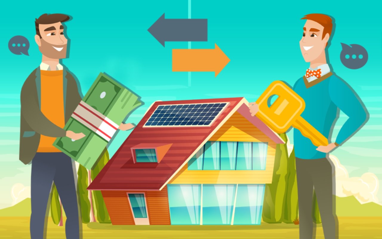 Illustration of a buyer and seller exchanging cash and a key beside a solar-paneled house.