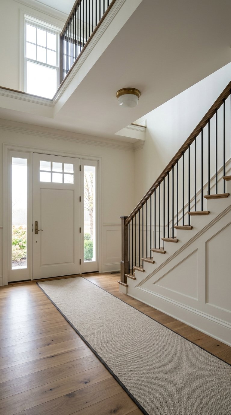 Entry hall with a staircase and greenery visible through sidelights.