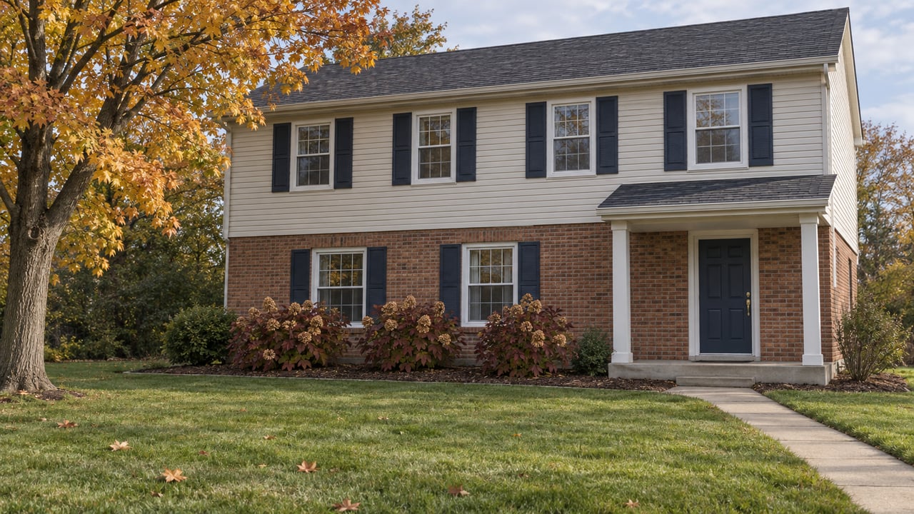 Cream-sided and red-brick two-story home behind a deep autumn lawn, with an amber sugar maple and a navy entry door.