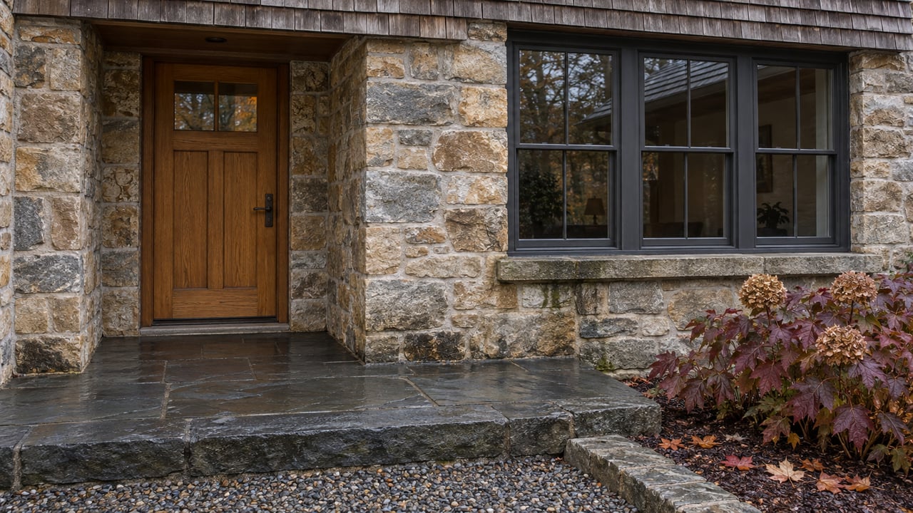 Weathered stone and cedar home entry with an oak door, slate landing and burgundy oakleaf hydrangea after autumn rain.