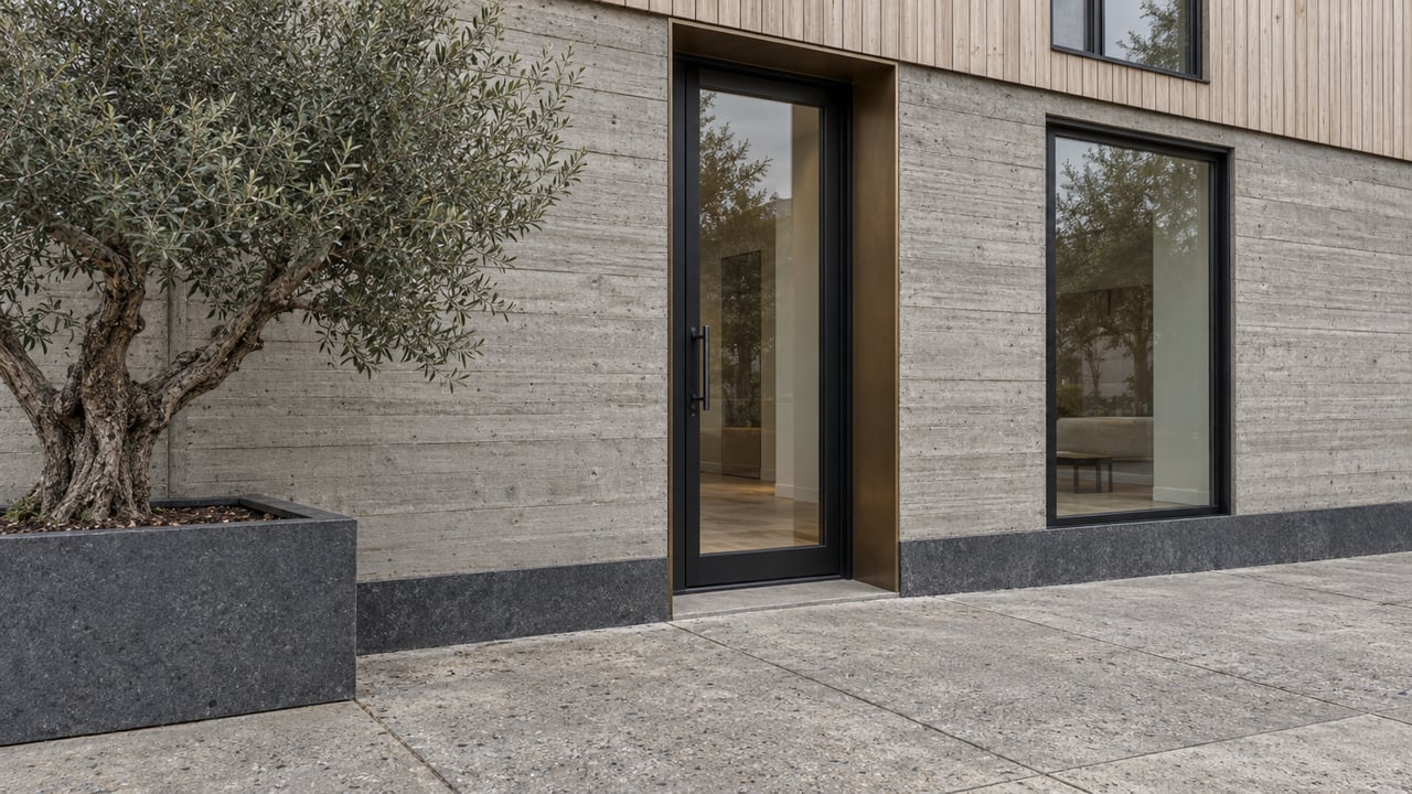 Urban residential entrance with a black-framed glass door, concrete facade, and pruned olive tree in a stone planter.