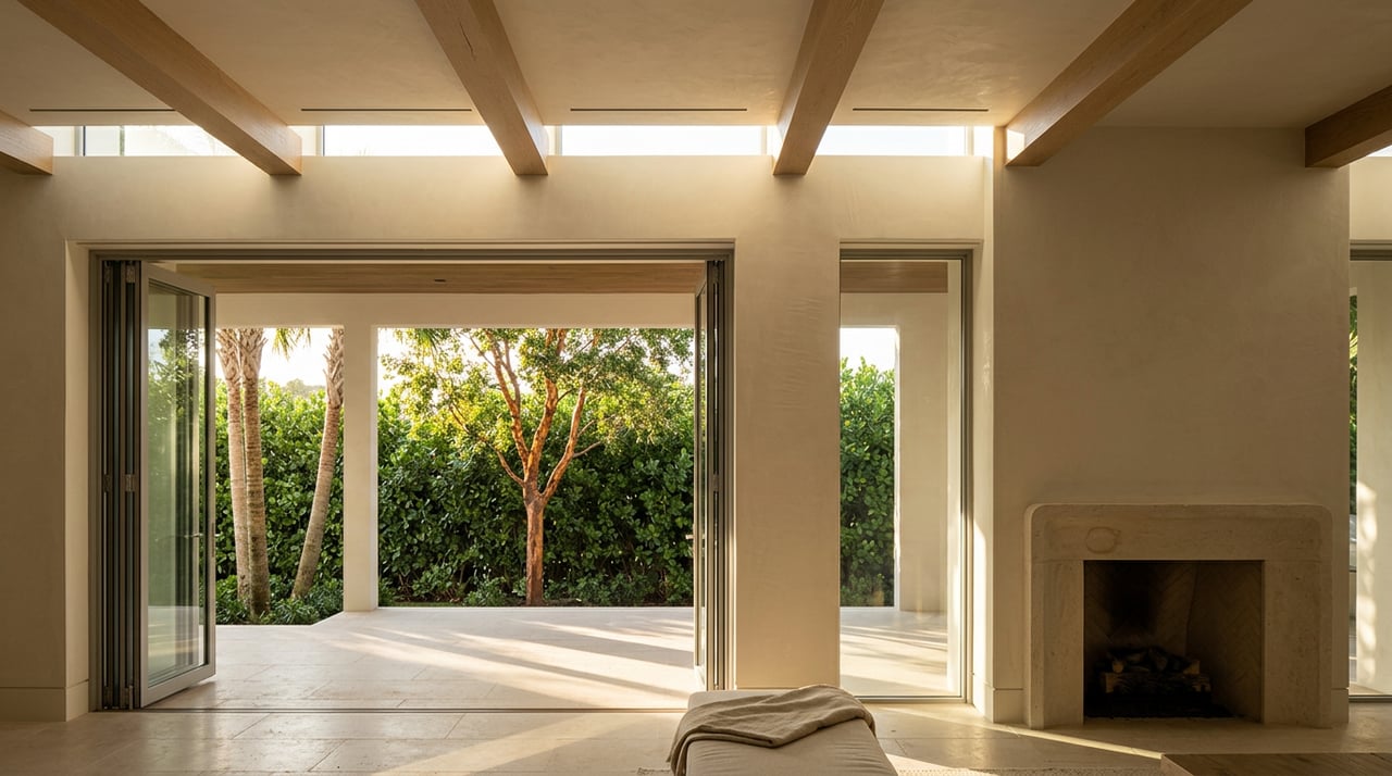 A sunlit great room opens through glass doors to a loggia with a copper-barked tree.
