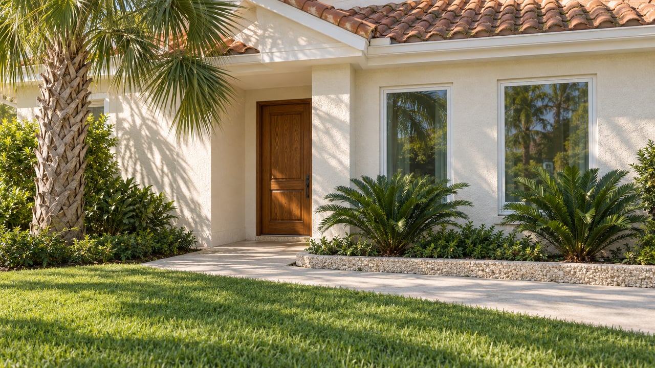 Coastal stucco home with an oak front door, terracotta roof, palm, and long lawn approach.