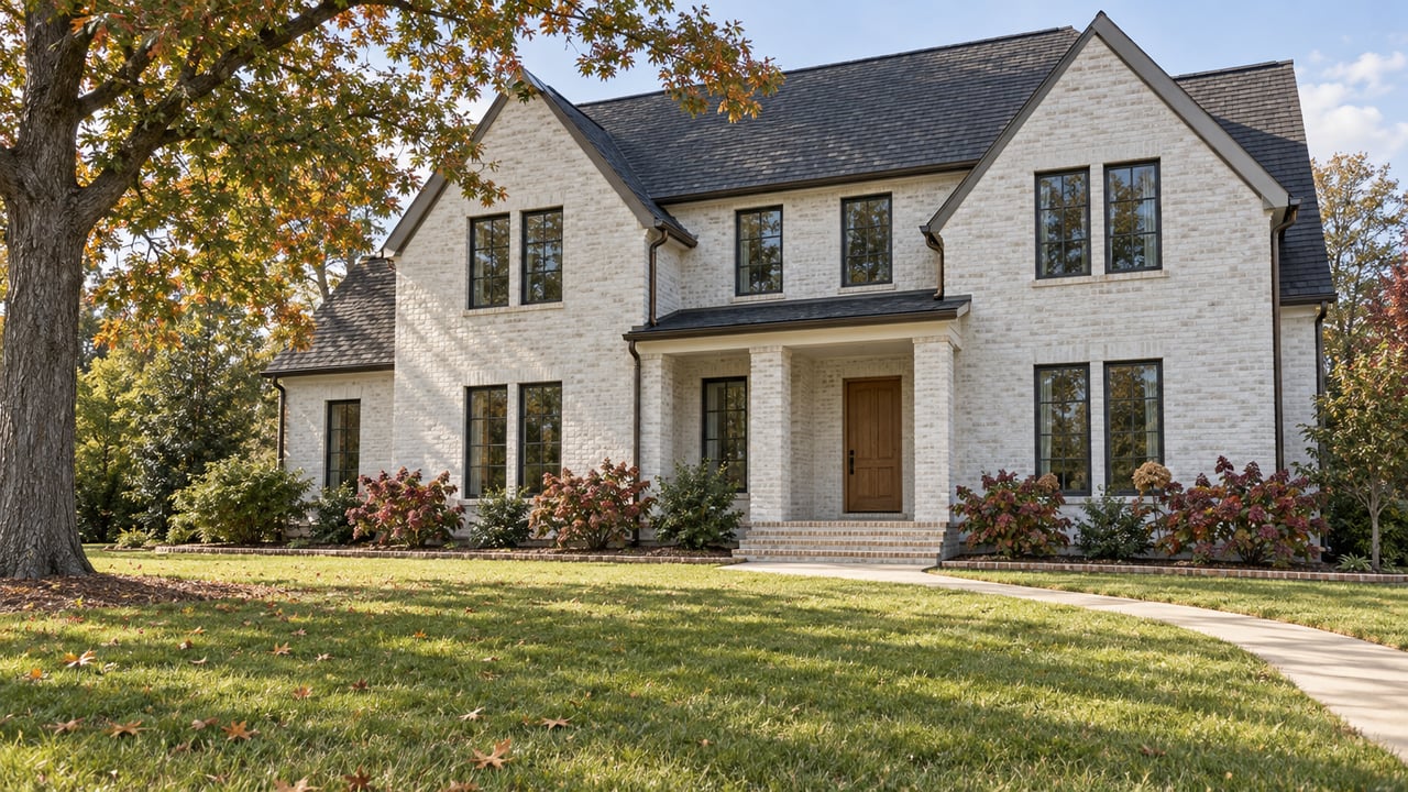 White brick two-story home with black-framed windows, a recessed oak entry, deep lawn, and an oak tree with early autumn foliage.