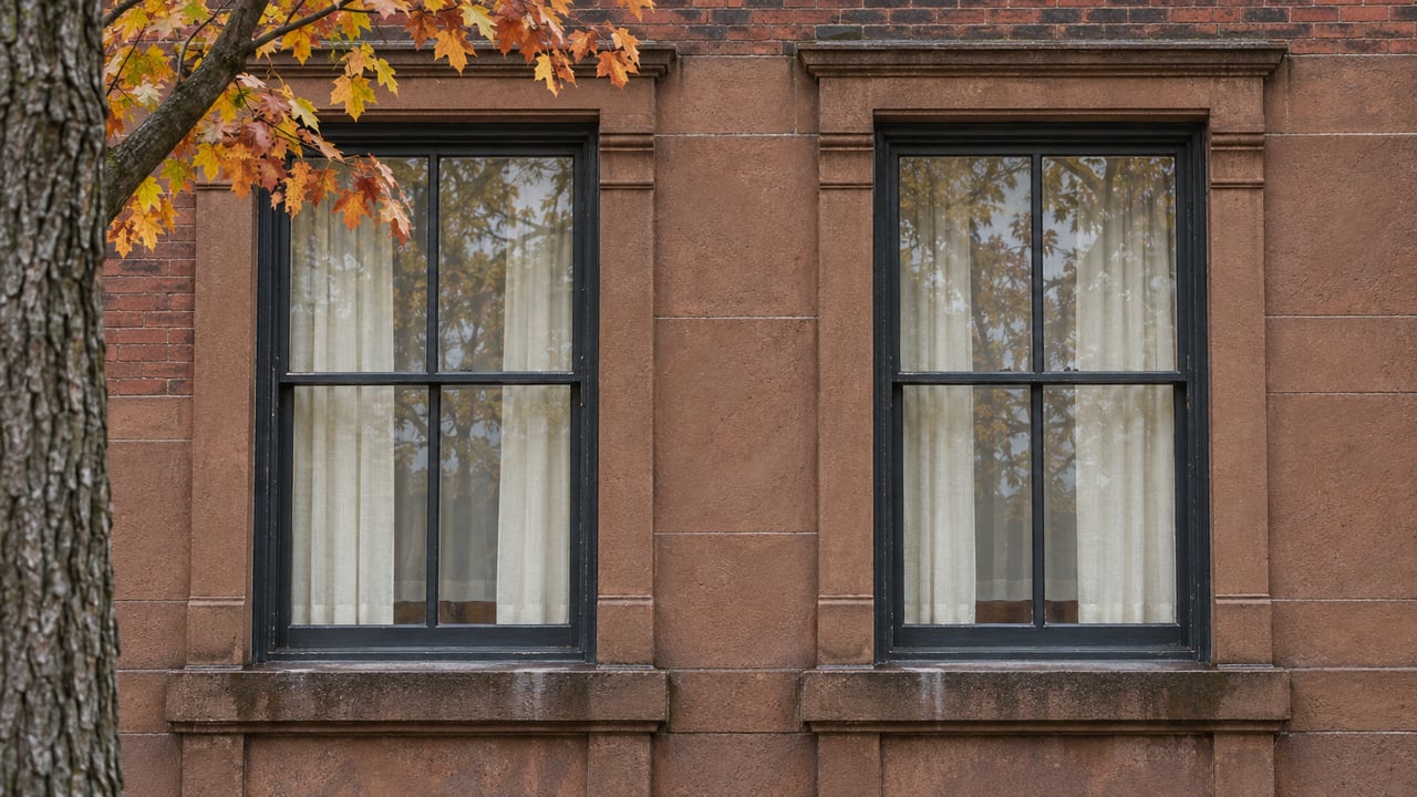 Two tall charcoal-framed windows in weathered brownstone and red brick, beside an autumn sugar maple branch.