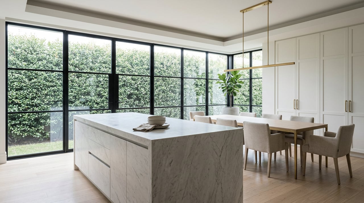 Marble waterfall island beside an oak dining table with oatmeal chairs, steel-framed windows, and a potted fiddle-leaf fig.