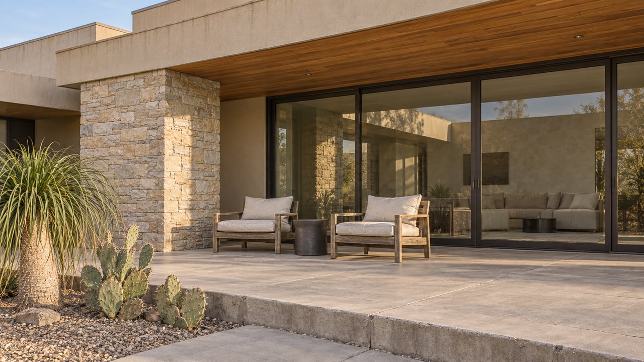 Covered terrace with sand-colored stucco, a limestone pier, wood soffit, two teak chairs and a gravel bed of beargrass and prickly pear.