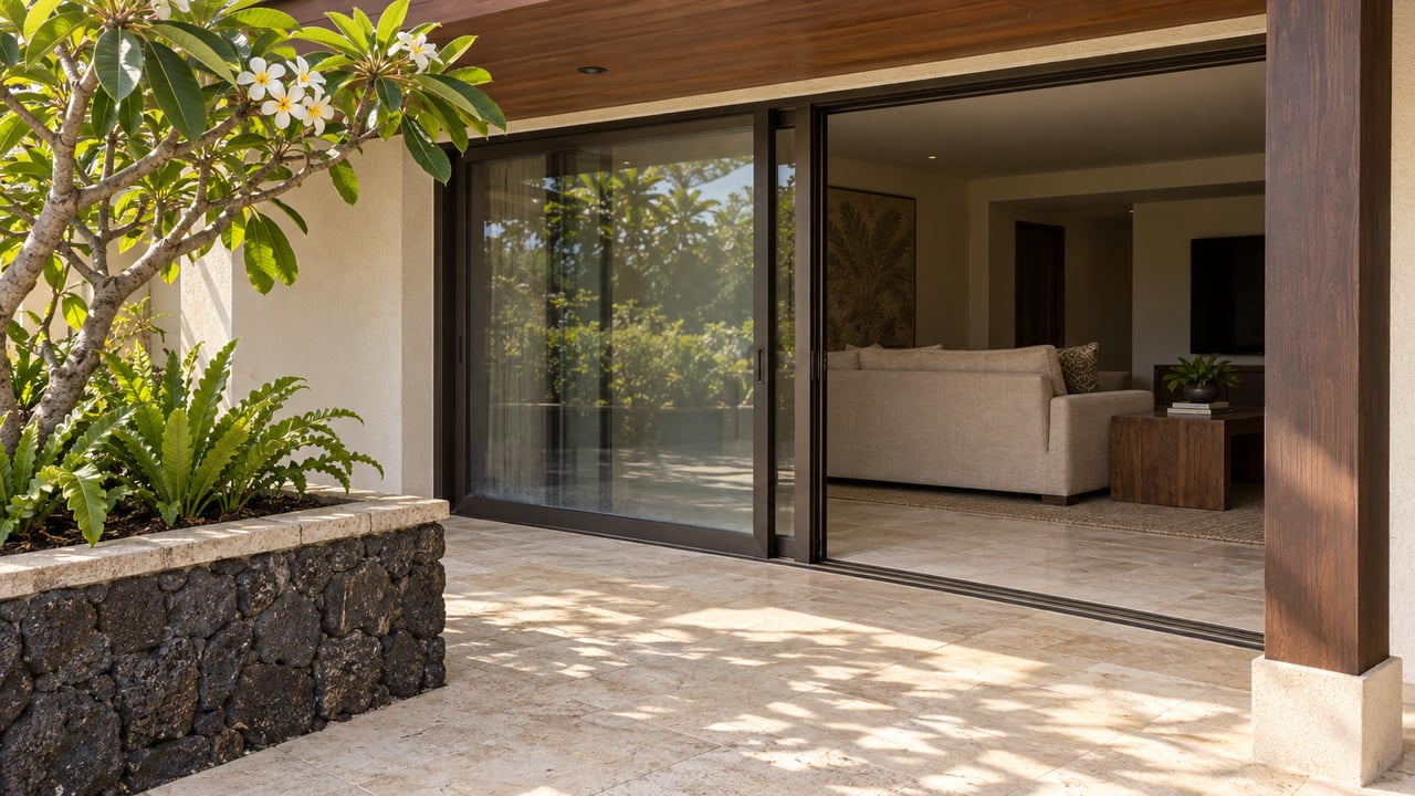 Covered lanai with pale stone paving, bronze-framed sliding doors, and a plumeria growing in a black volcanic-stone planter.