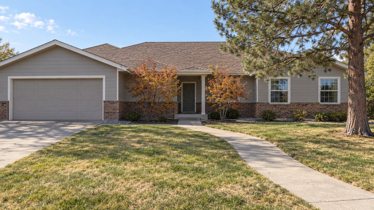 An established single-story ranch with greige siding, brick base, brown shingles and a deep autumn lawn beneath a mature pine.