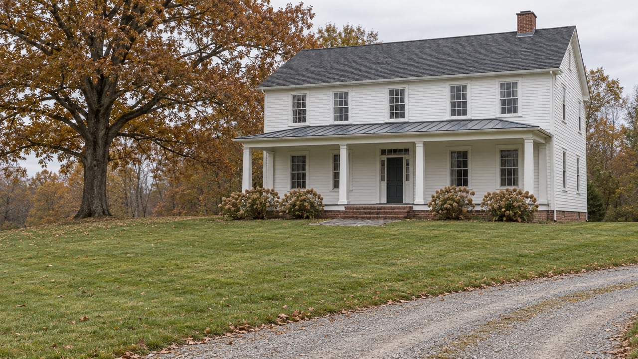White clapboard farmhouse with a deep porch above a broad autumn lawn, beside a mature oak and curved gravel approach.