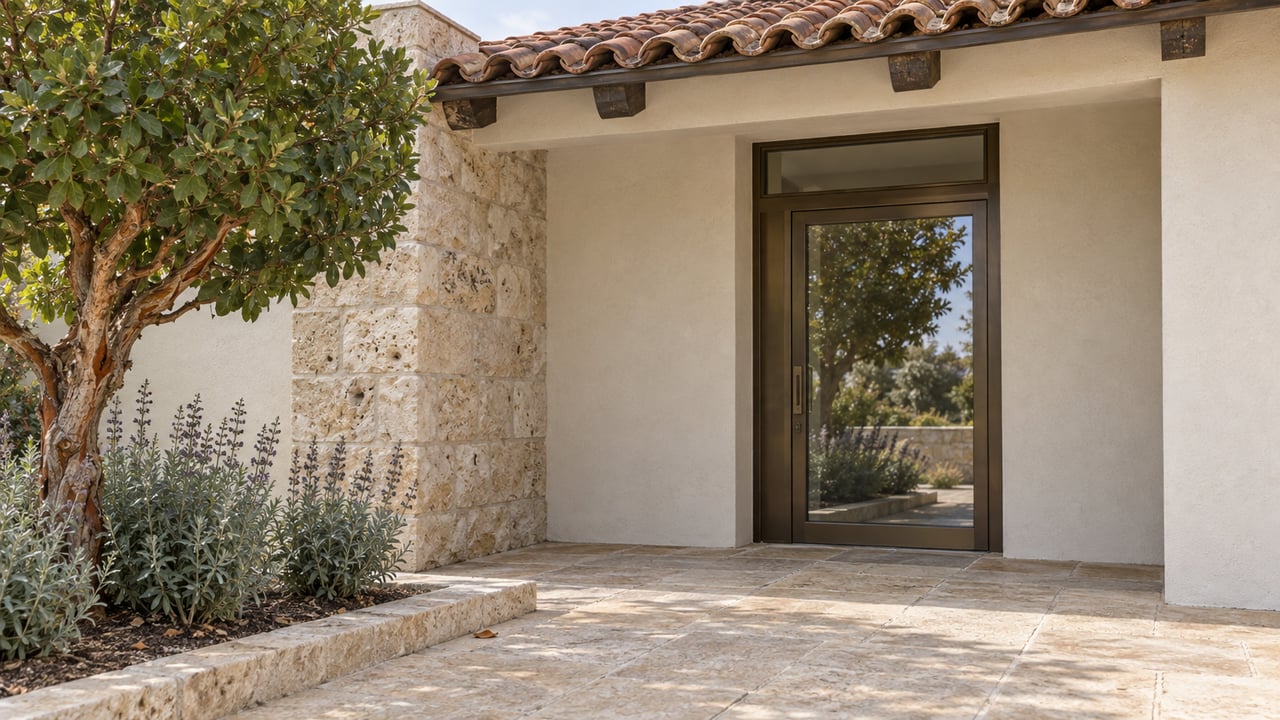 Covered stucco home entry with a bronze-framed glass door, weathered clay roof tiles, limestone paving, and a sculptural strawberry tree.