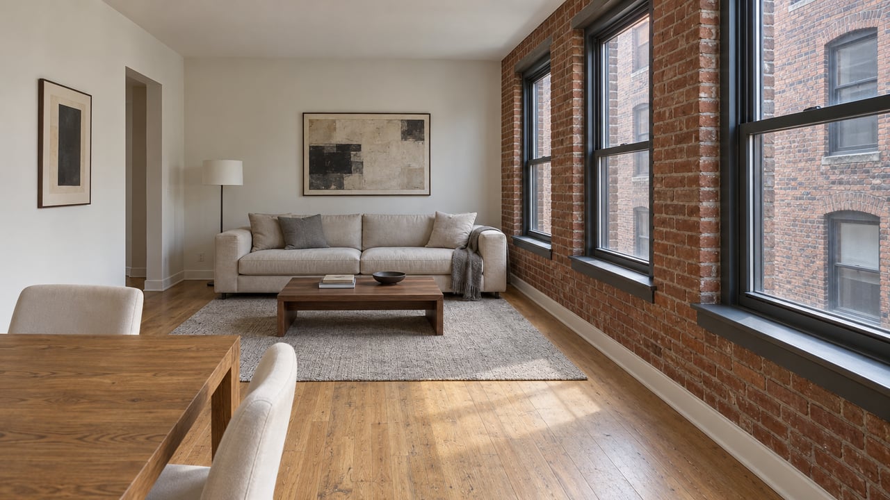 Daylit condominium living and dining room with exposed red brick, tall steel-framed windows, oak floors and neutral furniture.