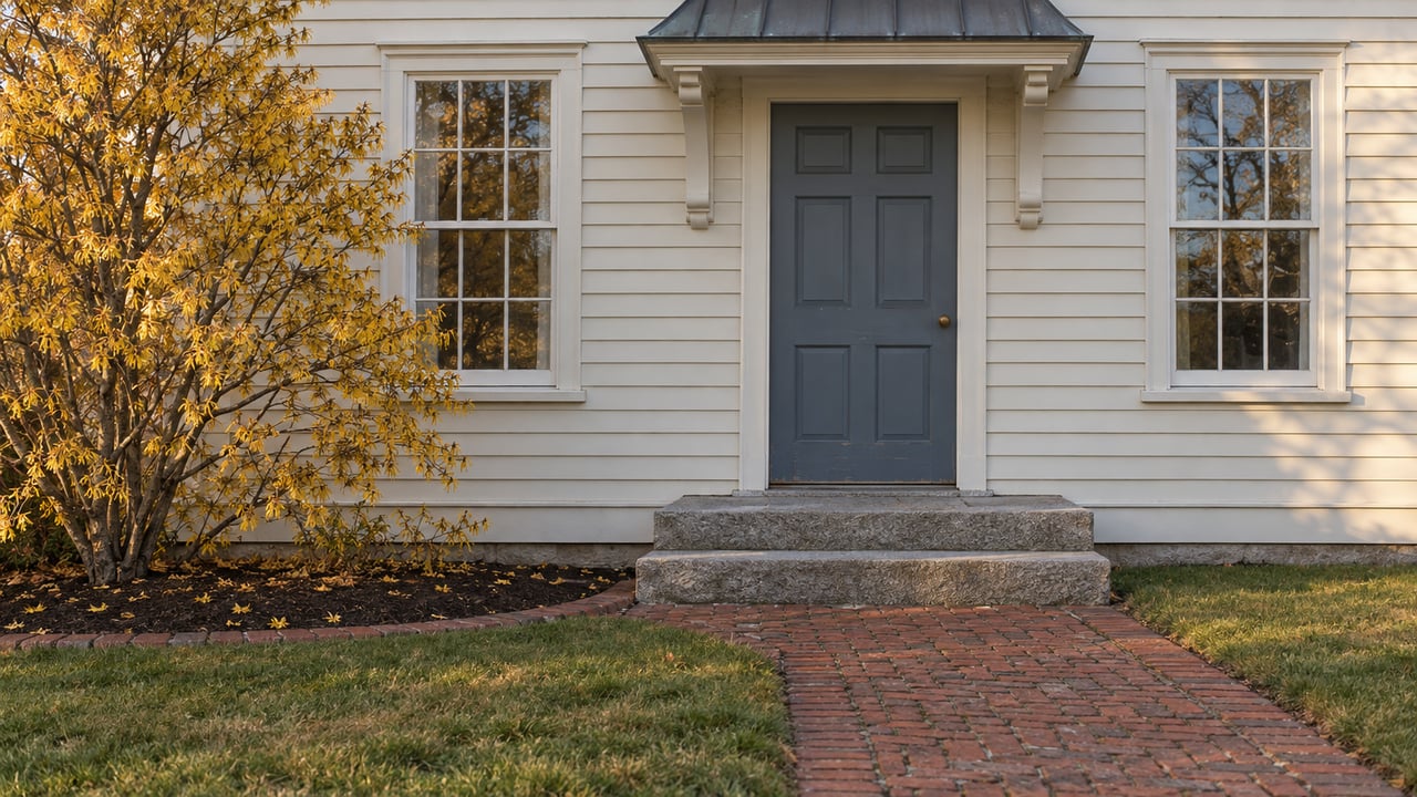 Ivory clapboard home with a slate-blue door, tall sash windows, worn granite steps and yellow witch-hazel beside a brick approach.