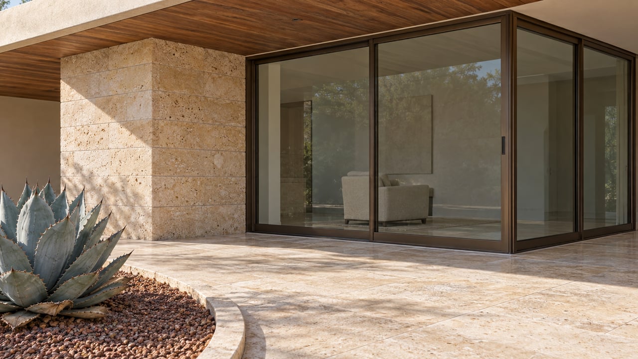 Sunlit limestone and bronze-framed corner glazing beneath a wood-lined overhang, beside a travertine terrace and a single blue-gray agave.