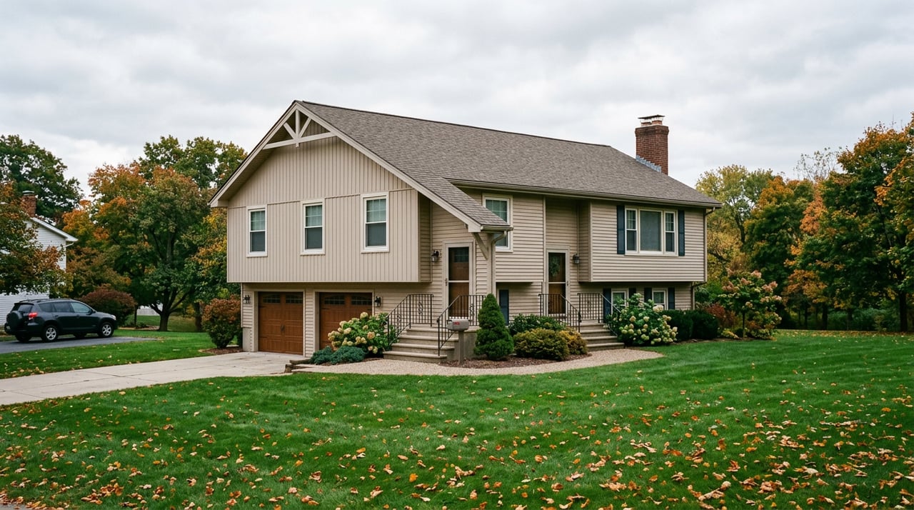 Raised ranch with a red brick facade, gray gable siding, and a sugar maple turning gold and orange.