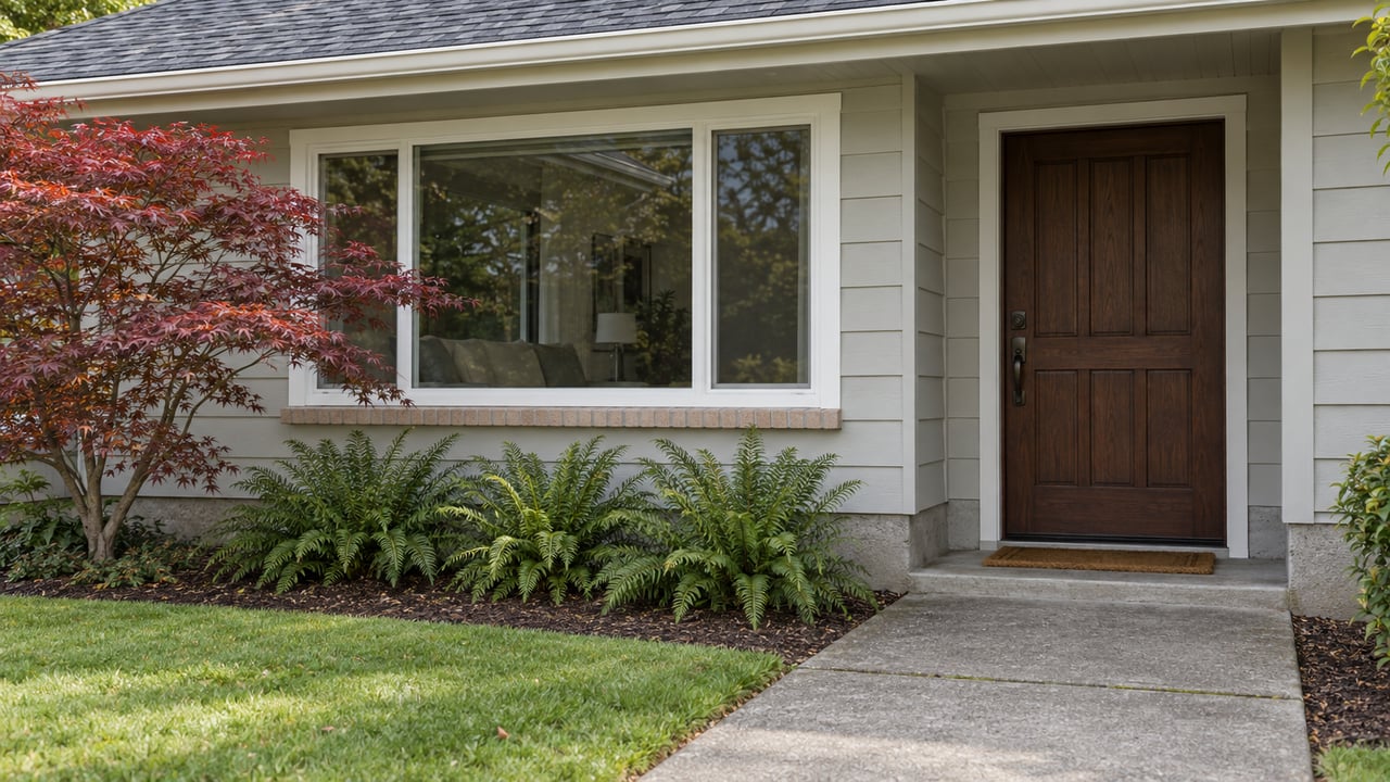 Pale gray house facade with a dark wood door, broad window, Japanese maple, and ferns beside the concrete walk.